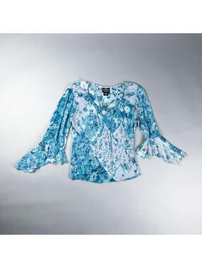 Y2K Silk Rayon Blue Floral Bell Sleeve Blouse
